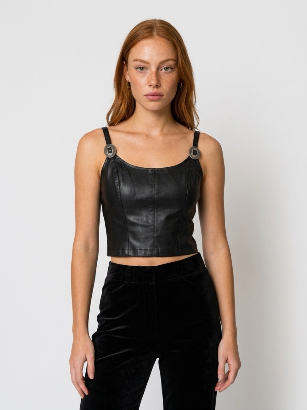 IDYLLWIND Black Faux Leather Cropped Tank Top with Decorative Buckles Western